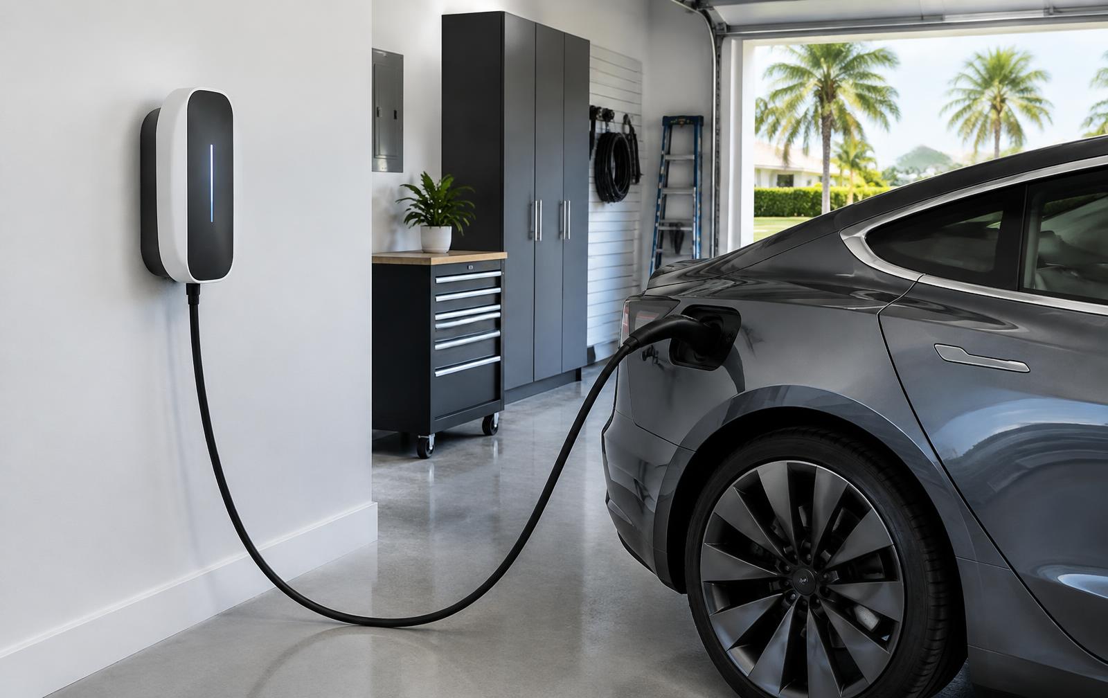 Home EV charger mounted in a garage and plugged into an electric car