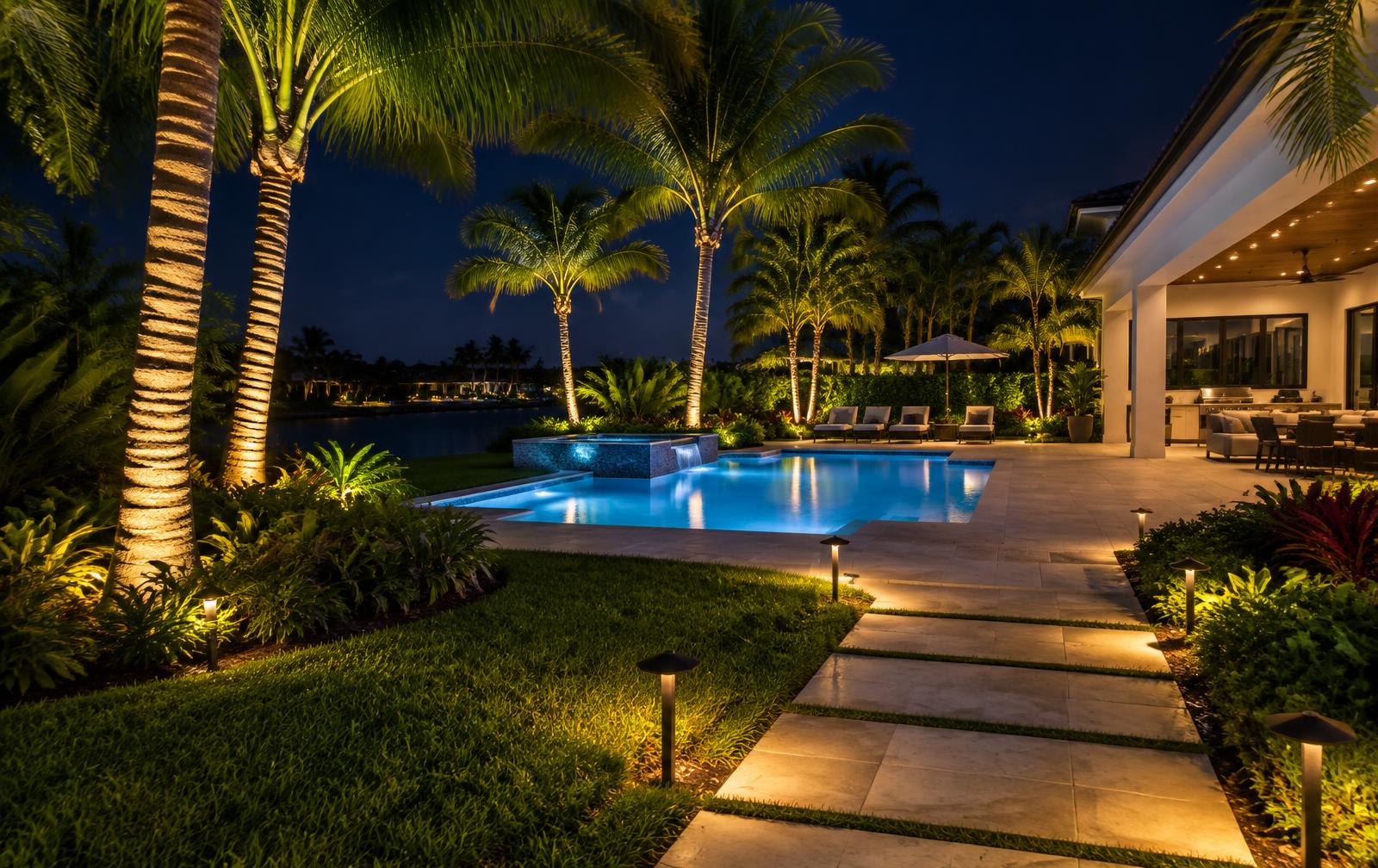 Boca Raton backyard at night with uplit palms, path lights and a glowing pool