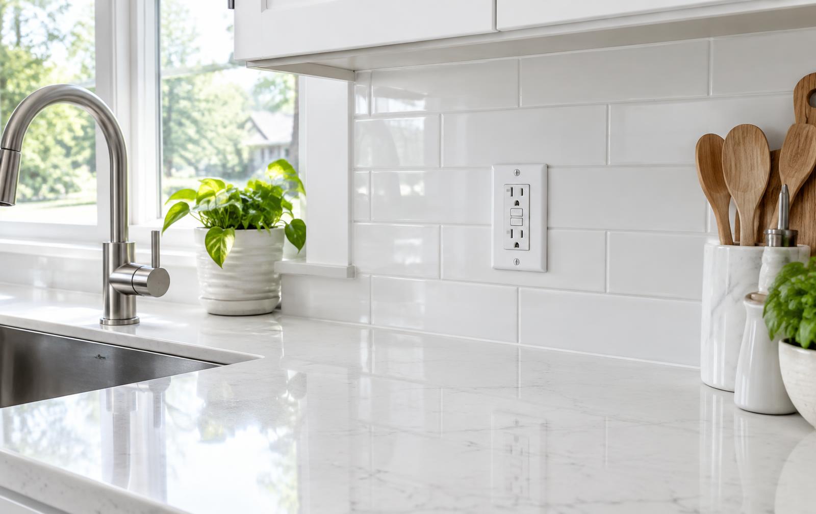 GFCI outlet installed on a white kitchen backsplash
